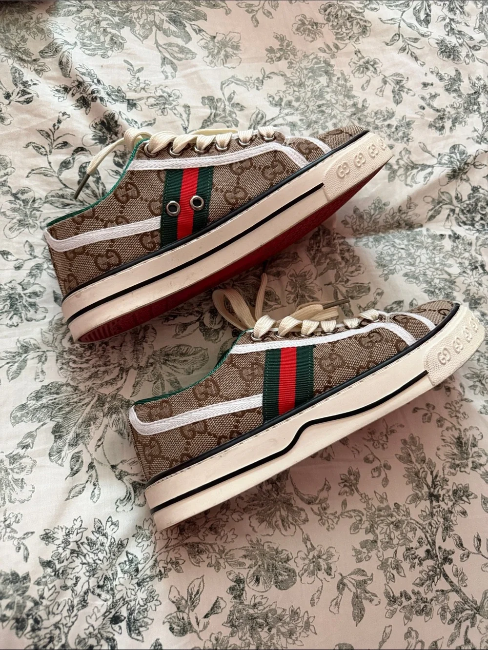 Beige GG Canvas Sneakers with Green Trim and Red Web Stripe - Picture 2 of 5